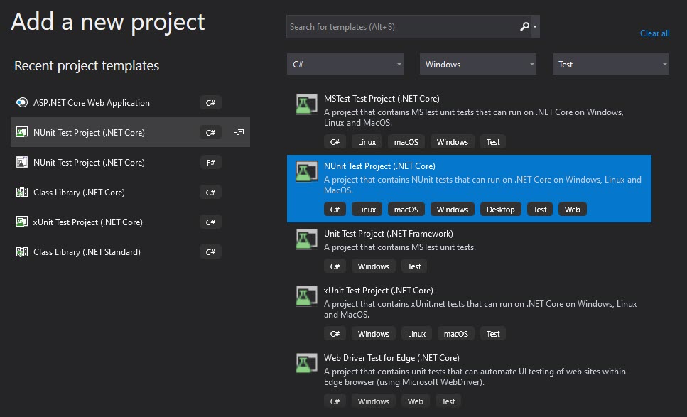 Unit Test Projects in Visual Studio 2019