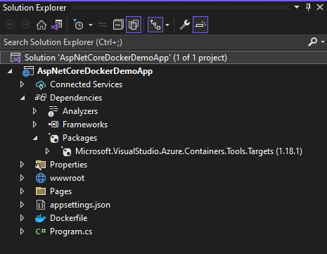 ASP.NET Core Application with Dockerfile in Solution Explorer
