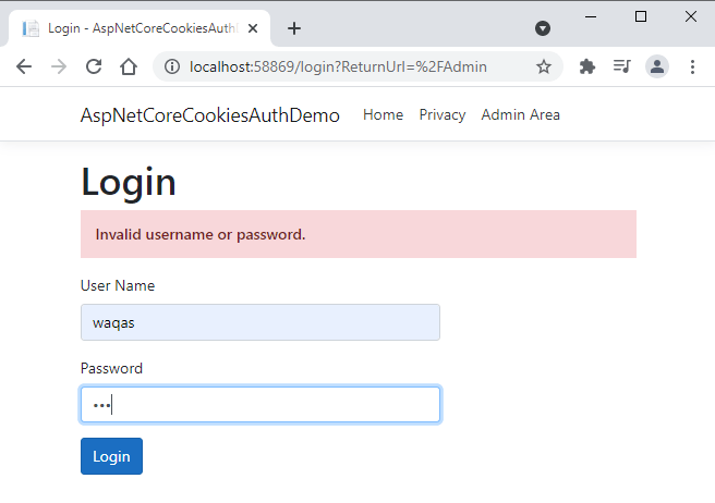 ASP.NET Core Cookies Authentication Invalid Login Attempt