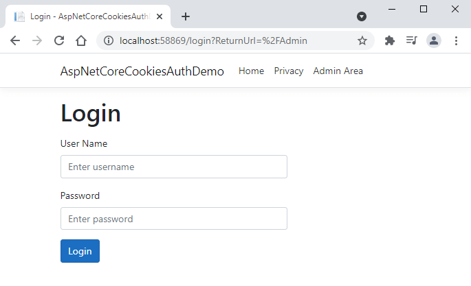 ASP.NET Core Cookies Authentication Login Page