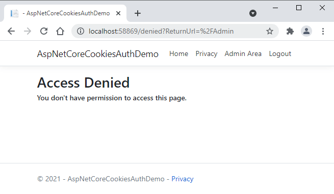 ASP.NET Core Cookies Authentication Role Based Authorization Custom Access Denied Page