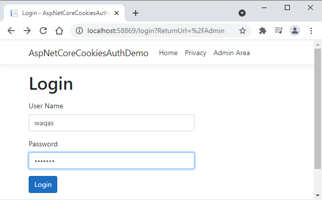 ASP.NET Core Cookies Authentication Testing Login Page