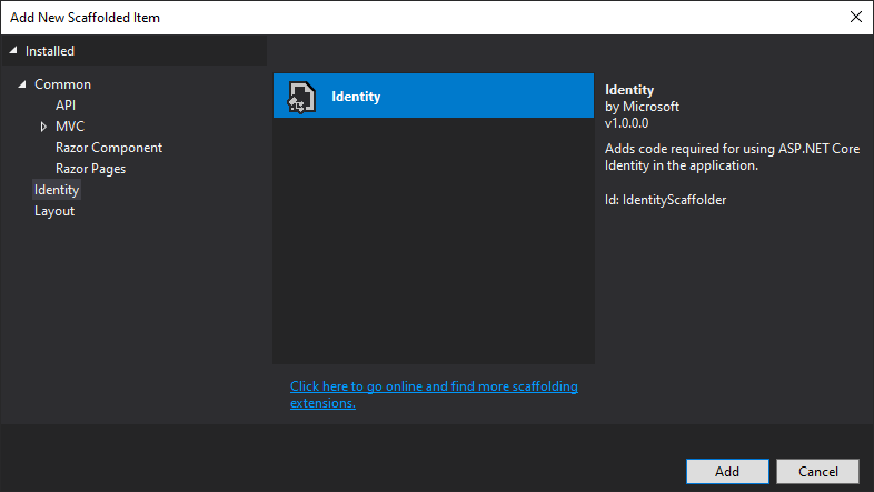 ASP.NET Core Identity - Add Scaffolded Identity Item