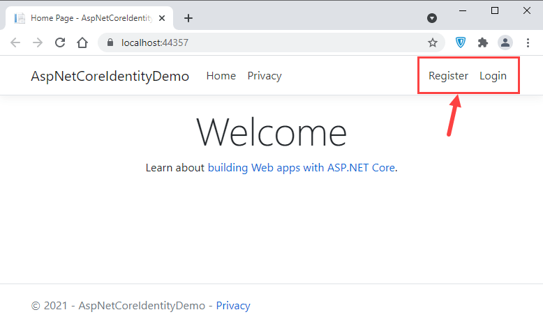ASP.NET Core Identity - Application with Register and Login links