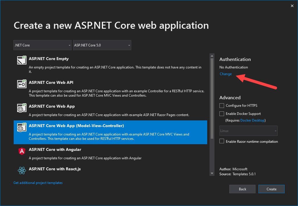 ASP.NET Core Identity - Change Authentication Type of New Project