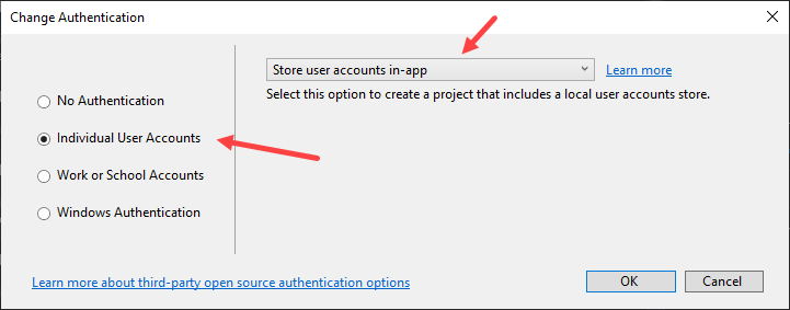 ASP.NET Core Identity - Change Authentication Type to Individual User Accounts