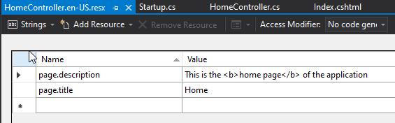 ASP.NET Core Resource Strings with HTML