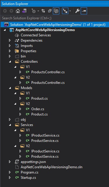 ASP.NET Core Web API Version 2 Solution Explorer View