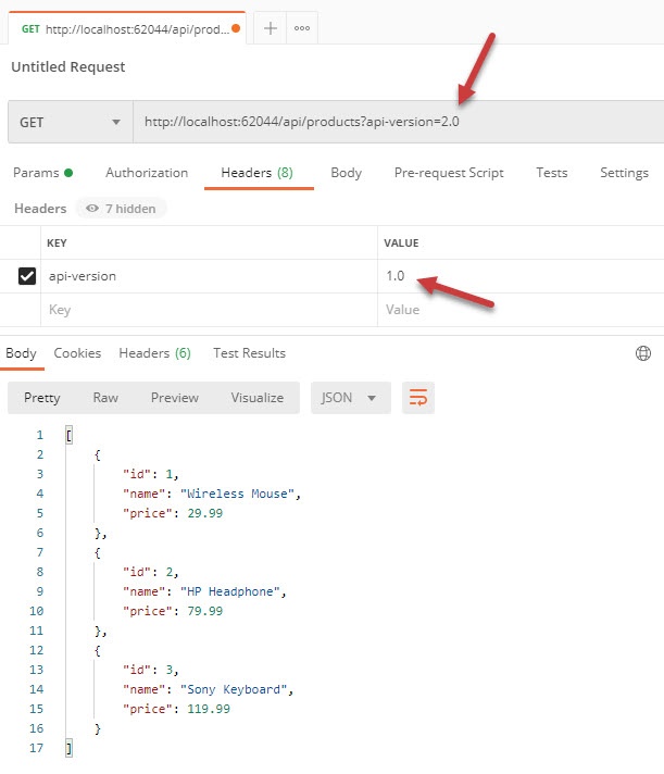 ASP.NET Core Web API Versioning - HTTP Header Version Override Query String Version