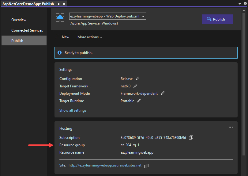 ASP.NET Core Web Application Publish Profile Settings