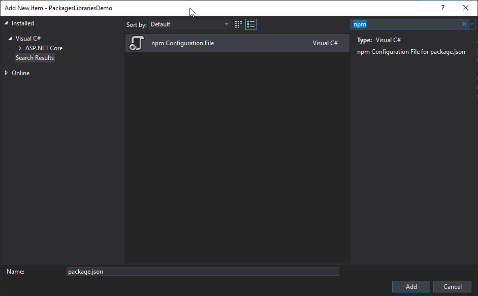 Add NPM Package JSON File in Visual Studio