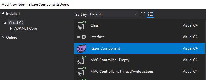 Add New Item Dialog - Add Blazor Component in Visual Studio 2019