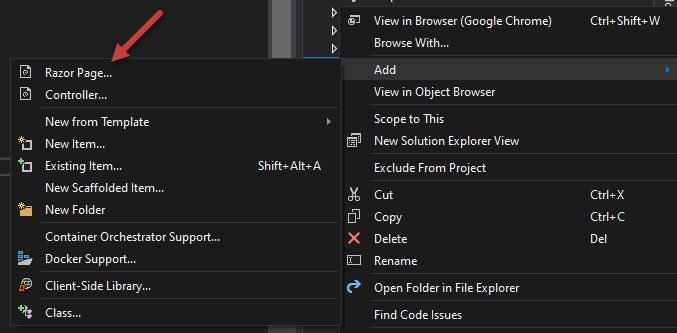 Add Razor Pages using Visual Studio Solution Explorer 