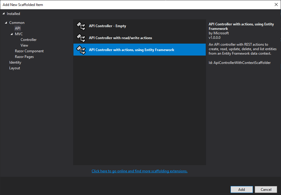 Add New Scaffold Item Dialog in Visual Studio