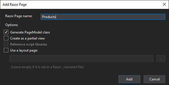 Add Razor Page dialog in Visual Studio