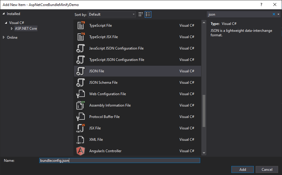 Add bundleconfig JSON file in Visual Studio 2019