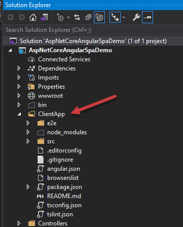 Angular Application Root Folder ClientApp in Visual Studio 2019