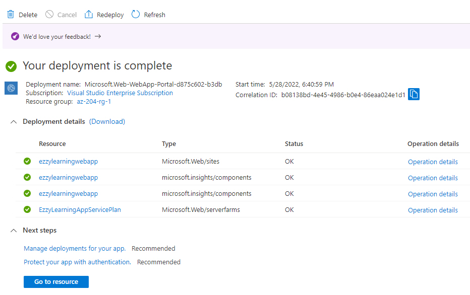 Azure App Service Deployment Completed Page