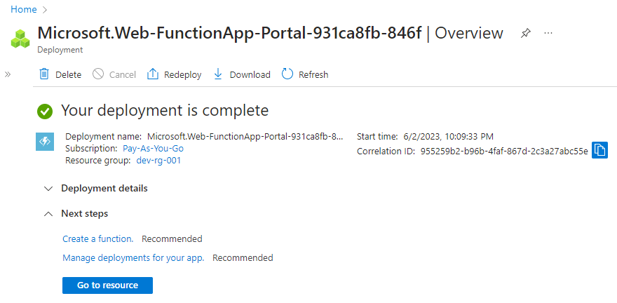 Azure Function App Deployment Completed Page