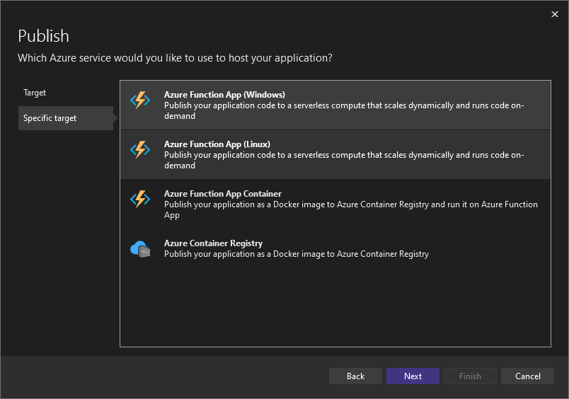 Azure Functions App Deployment Target in Visual Studio 2022