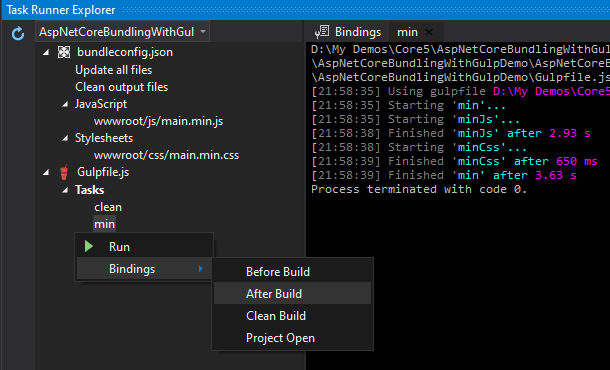 Binding Gulp Tasks with Visual Studio Events