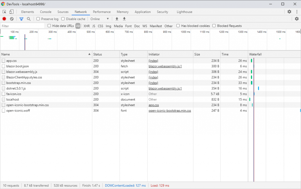 Blazor Client App Files in Browser Developer Tools - Second Request