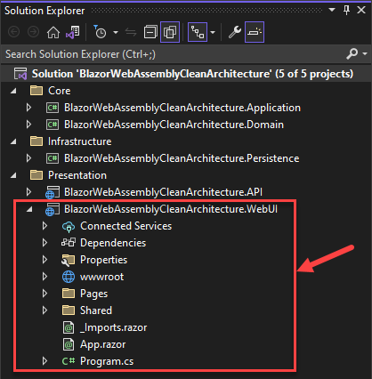 Blazor WebAssembly App in Visual Studio 2022 Solution Explorer