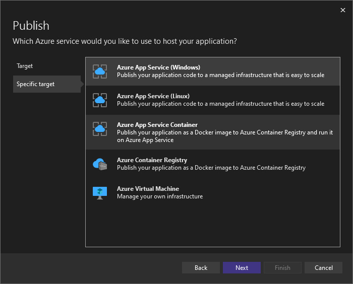 Choose Azure App Service in Publish Dialog