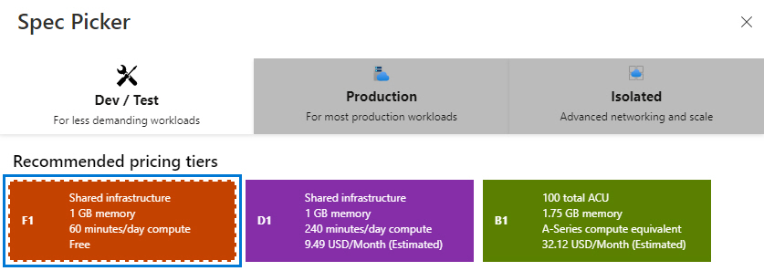 Choose Dev or Test Pricing Tier for The App Service Plan in Azure