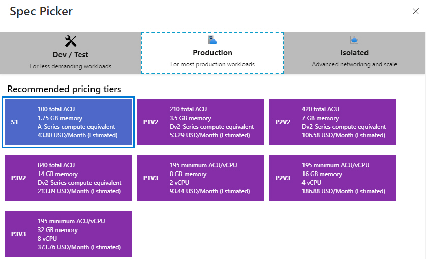 Choose Production Pricing Tier for The App Service Plan in Azure