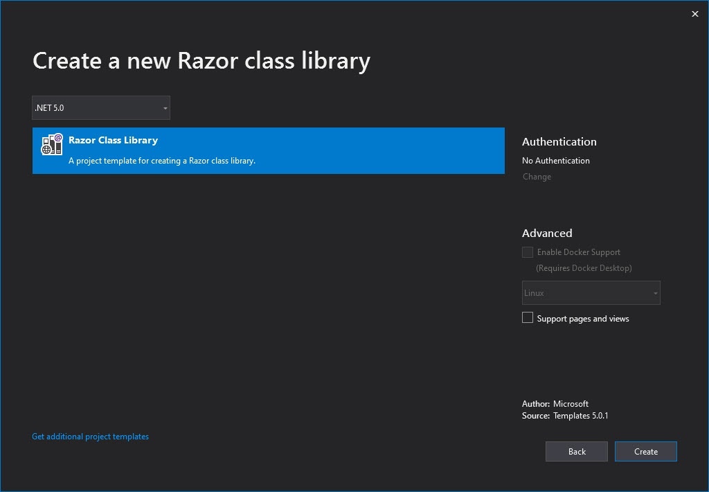 Choose Razor Class Library Template