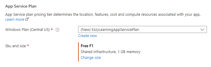 Choose existing or Create New App Service Plan in Azure