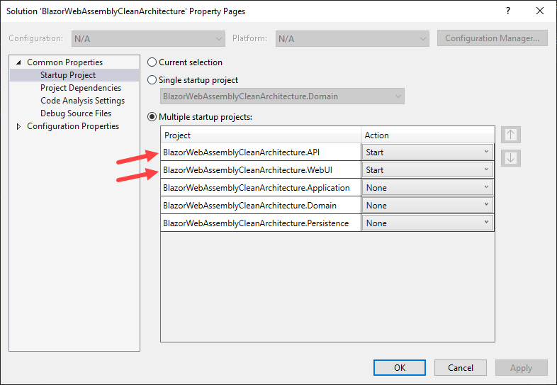 Configure Web API and Blazor WebAssembly App as Startup Projects