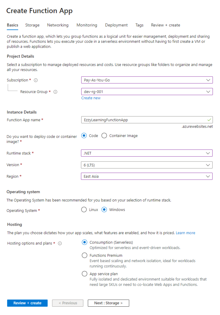 Create Azure Function App - Basic Details