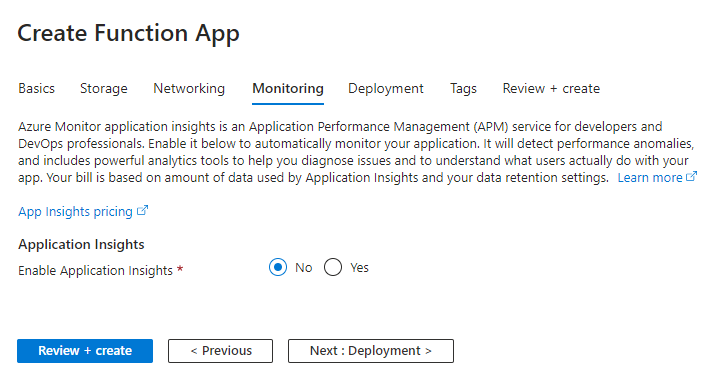 Create Azure Function App - Monitoring Details