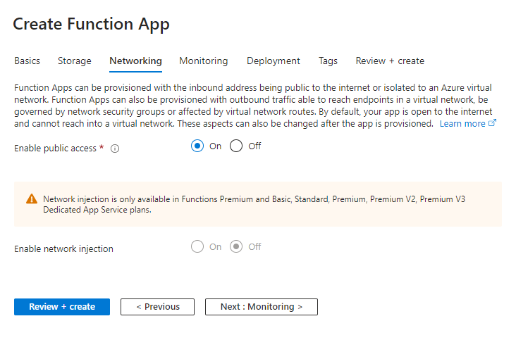 Create Azure Function App - Networking Details