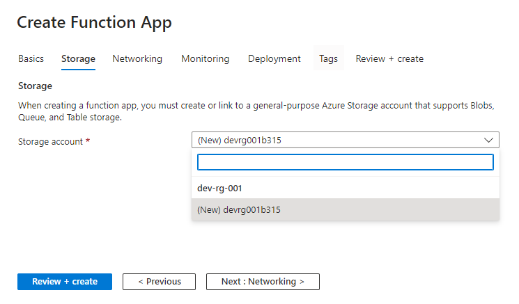Create Azure Function App - Storage Details