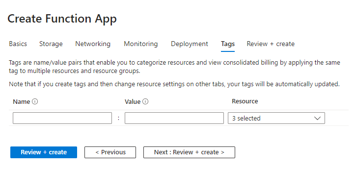 Create Azure Function App - Tags Details