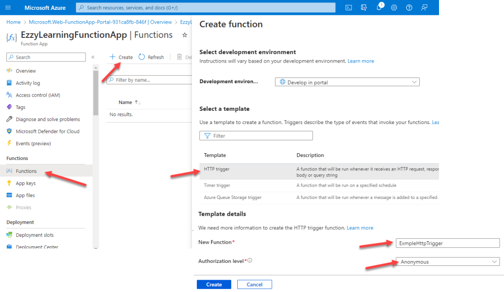 Create HTTP Trigger for Azure Function in Azure Portal