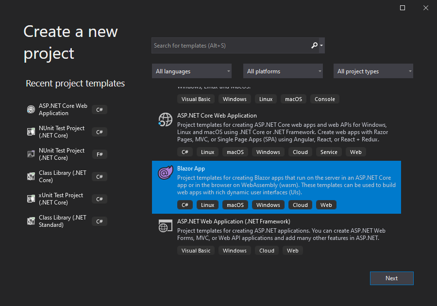 Create New Blazor App Project in Visual Studio 2019