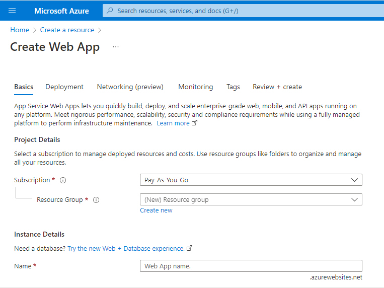 Create Web App in Azure Portal