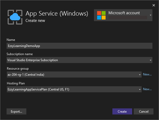 Creating New Azure App Service from Visual Studio