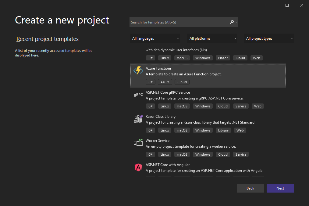 Creating New Azure Functions App Project in Visual Studio 2022