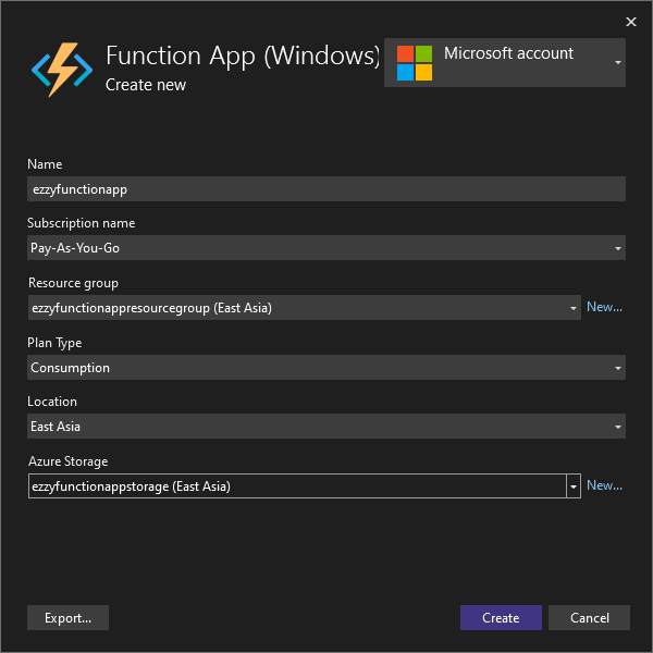 Creating New Azure Functions App on Azure during Publishing