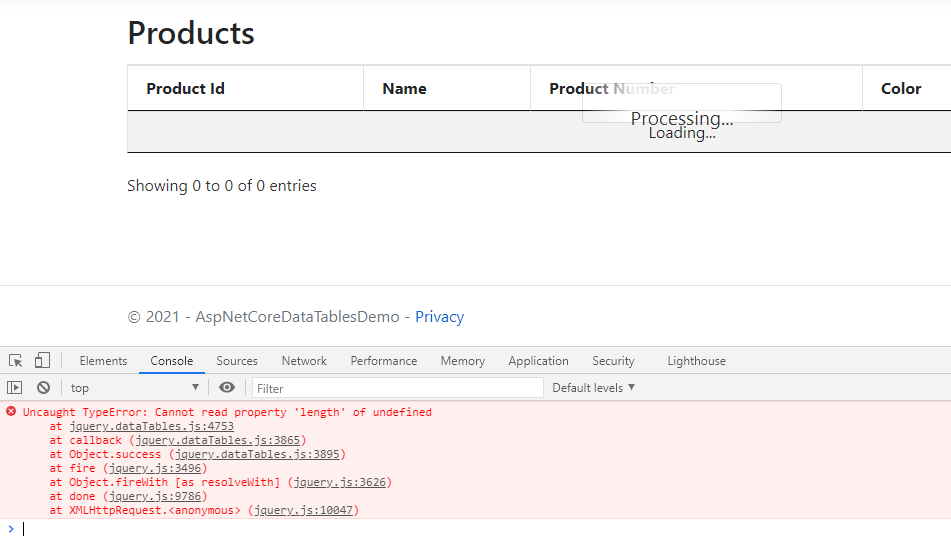 DataTables plugin shows error when server send bad response. Cannot read property 'length' of undefined