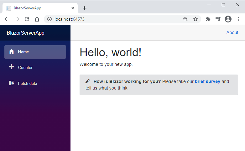 Default Blazor Server App Running in Browser