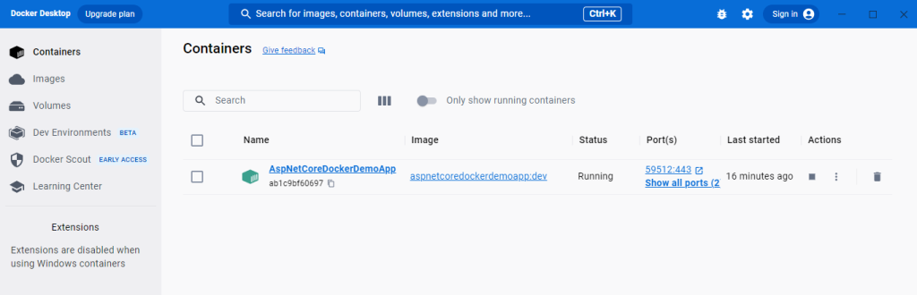 Docker Desktop Showing Available Containers
