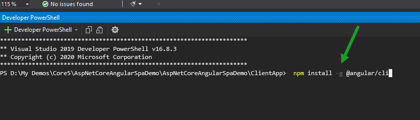 Install Angular CLI using Developer Powershell in Visual Studio 2019