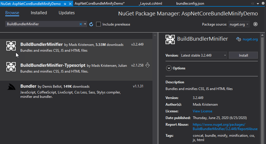 Install BuildBundleMinifier Nuget Package