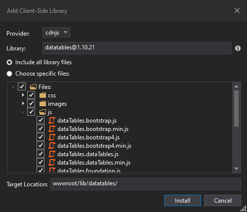 Install DataTables in ASP.NET Core using Libman in Visual Studio 2019